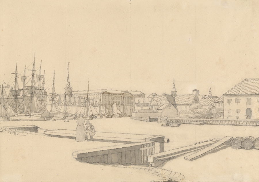 View over the Holmenskanal to the Stock Exchange,  Christianborg Palace, and the Church of Holmen,  1846. Image 1
