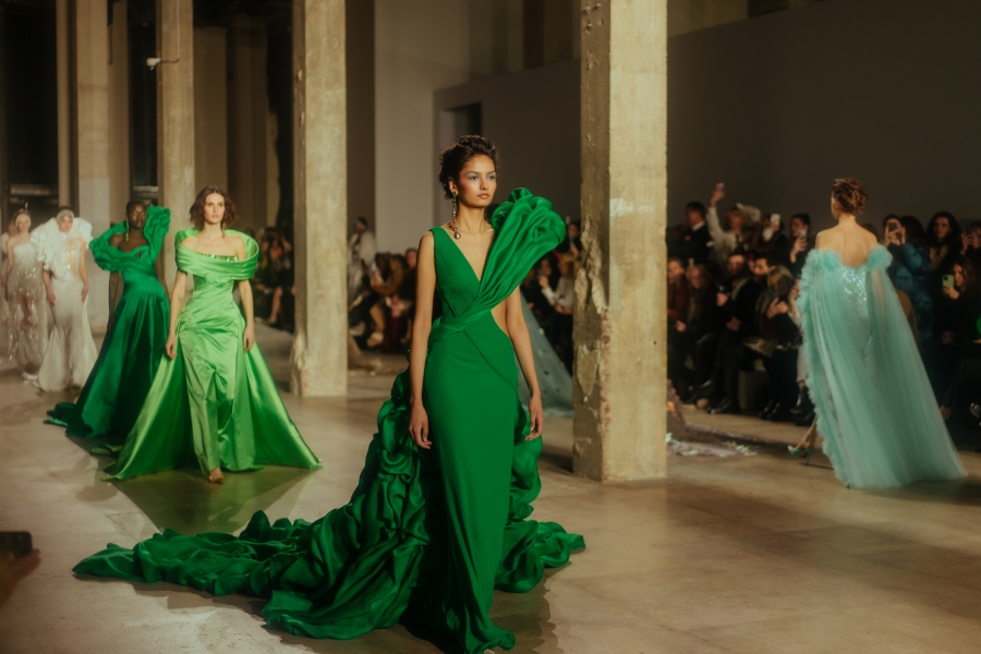 Modeling in green dresses by Chakra. Image 1