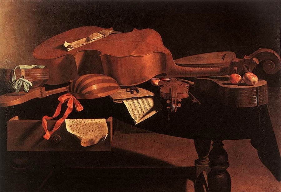 Painting by Evaristo Baschenis of Baroque instruments, including a cittern, viola da gamba, violin, and two lutes