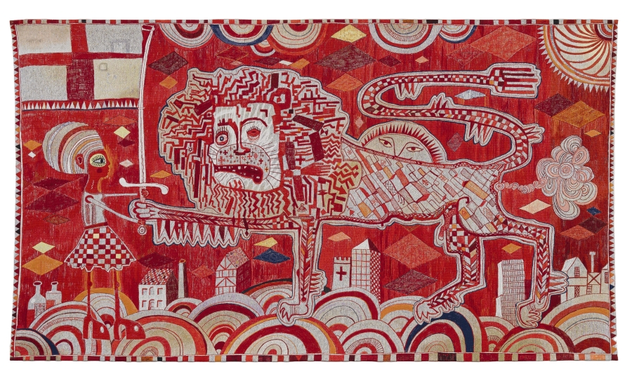 Sir Grayson Perry  Sacred Tribal Artefact, 2023  Tapestry200 x 350 cm78 3/4 x 137 3/4 in  © Grayson Perry  Courtesy the artist, Paragon | Contemporary Editions Ltd and Victoria  Miro . Image 1