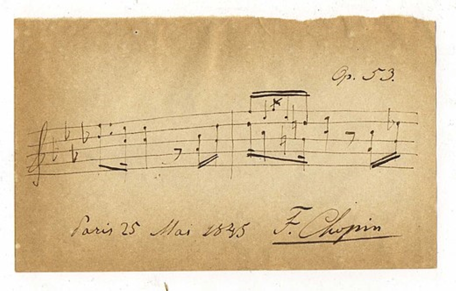 Autographed musical quotation from the Polonaise Op. 53, signed by Chopin on 25 May 1845